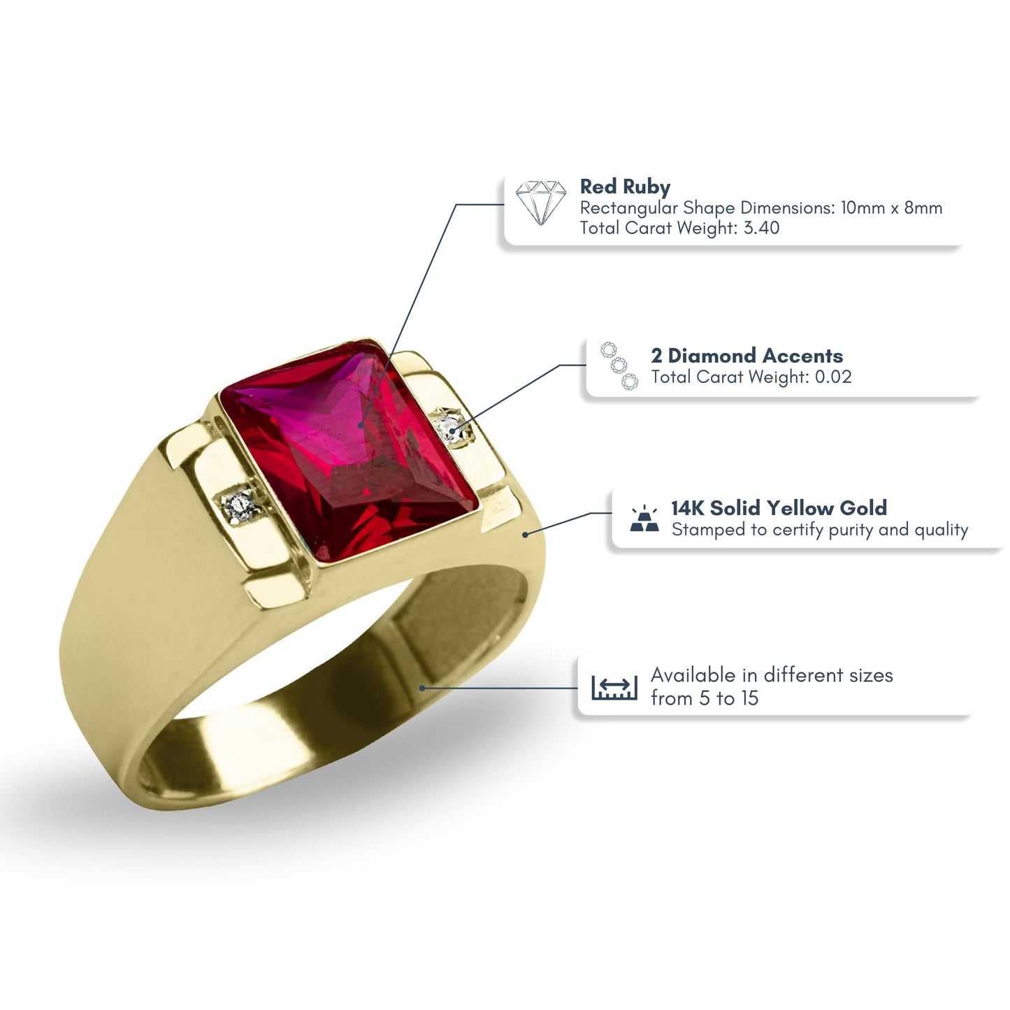 Blake's 14K Solid Yellow Gold Ring for Men with Baguette-Shape Red Ruby and 2 Diamond Accents, Men Fine Jewelry for Dad Men Gifts for Him, Men’s Jewelry (Size 5-15)