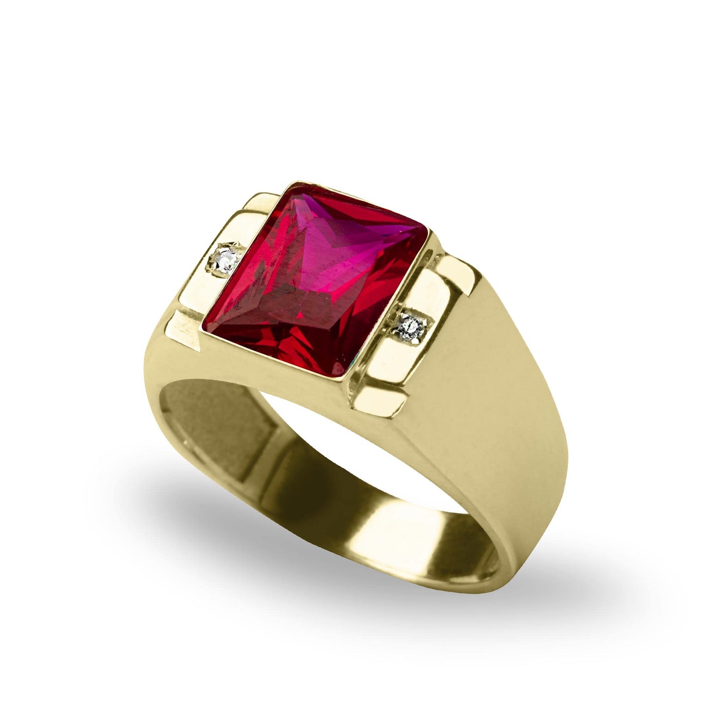 Blake's 14K Solid Yellow Gold Ring for Men with Baguette-Shape Red Ruby and 2 Diamond Accents, Men Fine Jewelry for Dad Men Gifts for Him, Men’s Jewelry (Size 5-15)