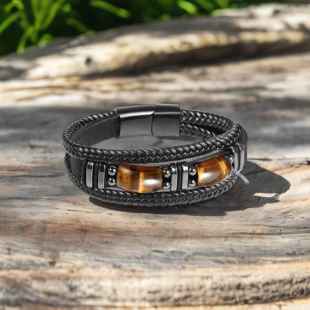 Enjoy Risingsun Tigerauge Schwarzes Lederarmband für Herren, natürlicher Tigerauge-Edelstein, Kristallstein-Schmuck, handgefertigt, Mut- und Stressabbau-Schutzarmband