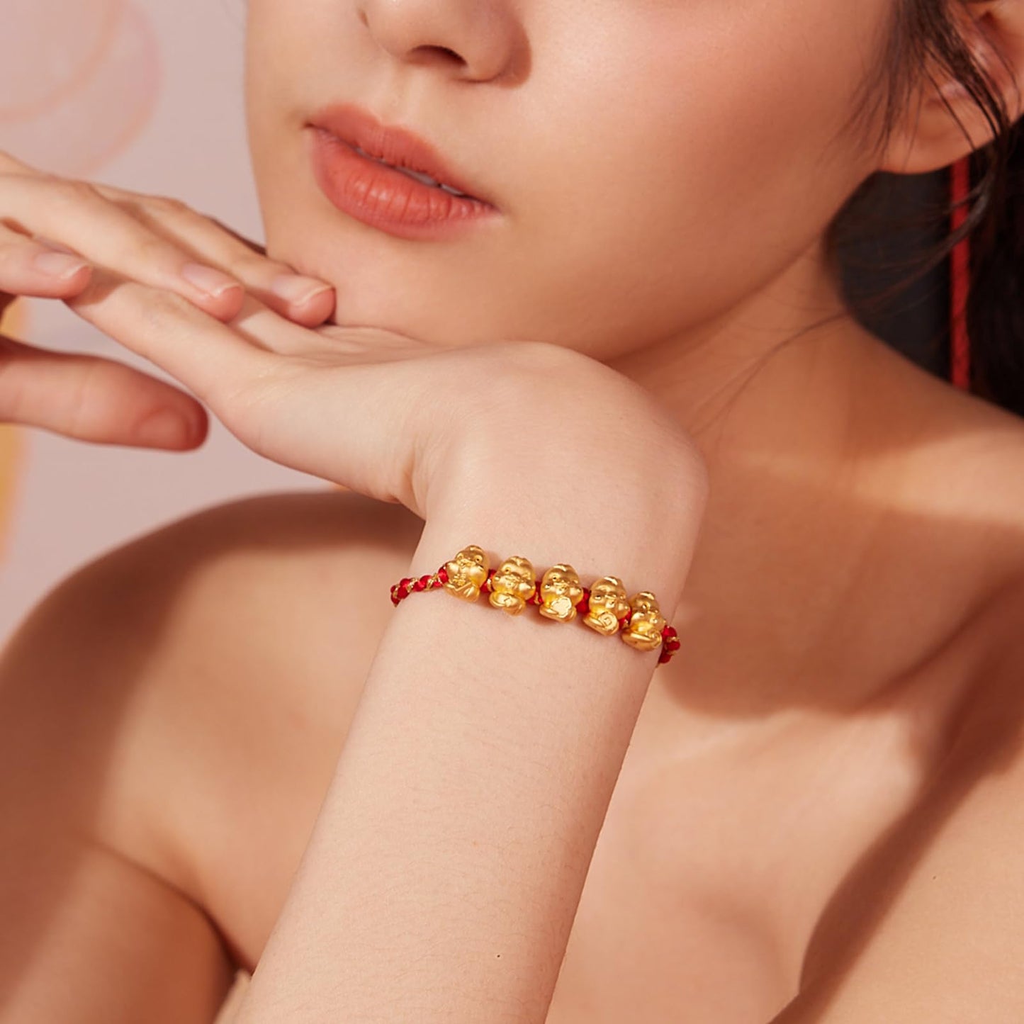 ZHOU LIU FU 24K Gold Armband Five Snake Gold Charm Red Bracelet Cute Animal Jewelry for Women Mom Daughter Birthday New Year 6.3-8.7"(16+6cm) A1713120