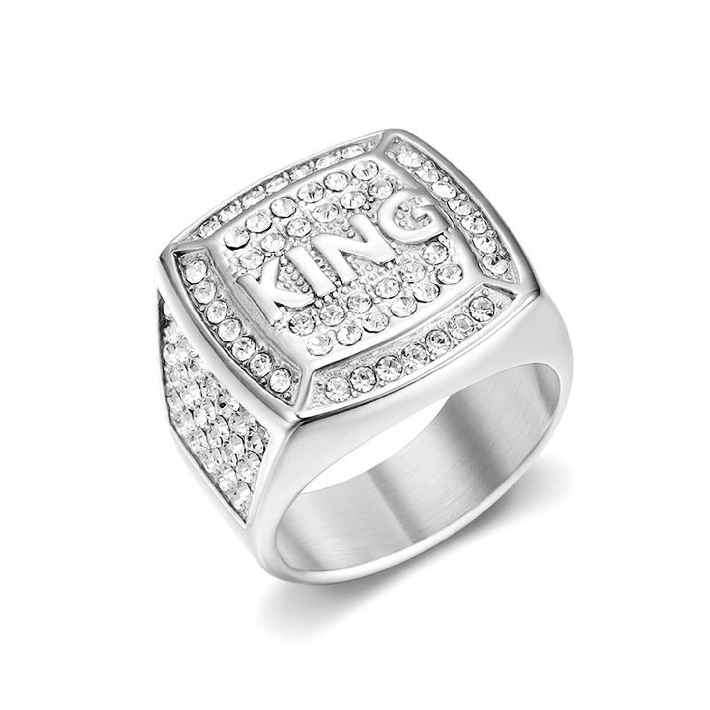 MIVEIVIA KING Ring ICED OUT Ring for men Wedding Rings for Men Letter Square ring Hip Hop ring Radiant Rings Bling Iced Out Jewelry Punk Ring Club ring Heavy Metal ring Party (Silver, 7)