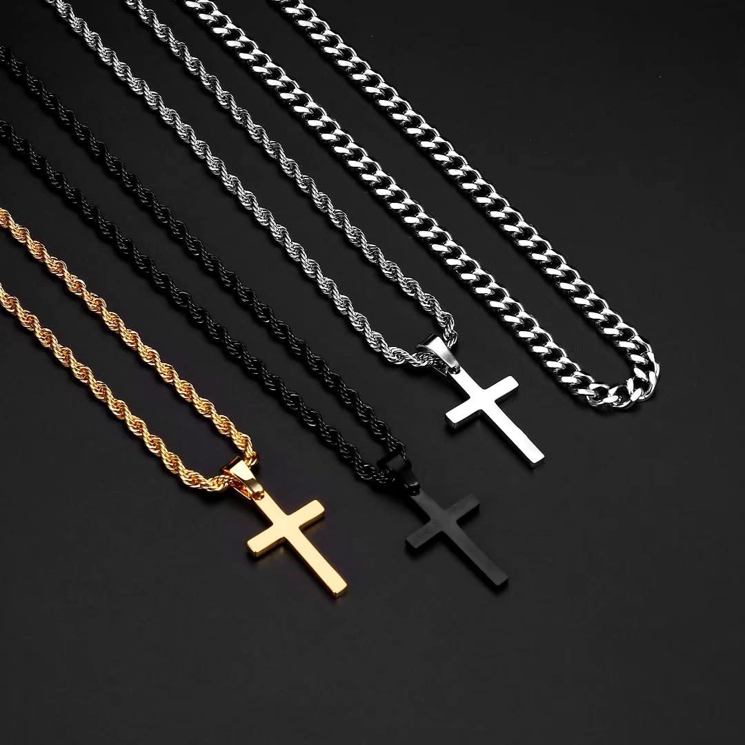 Ursteel 18K Gold Stainless Steel Men's Cross Necklace - Layered Rope Chain Cross Pendant, Gold Cross Chain, 18-20 Inch, Cross Jewelry Fathers Day Dad Gifts From Wife