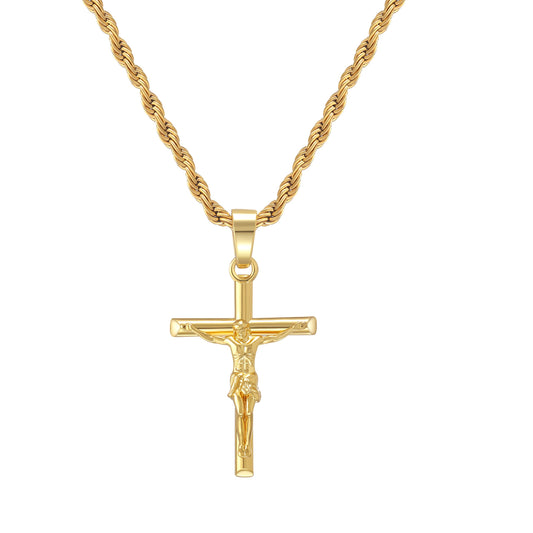 HELLOICE Crucifix Cross Necklace 18K Gold Plated Cross Pendant with 3mm 22" Rope Chain for Men Women (Crucifix Cross)