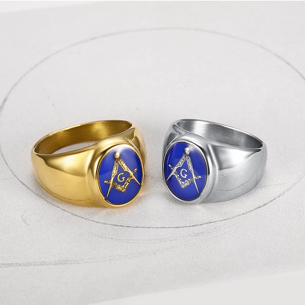 INRENG Stainless Steel Gold Plated Freemason Masonic Rings for Men Women Blue G Lodge Master Mason Signet Band Gold Size 10