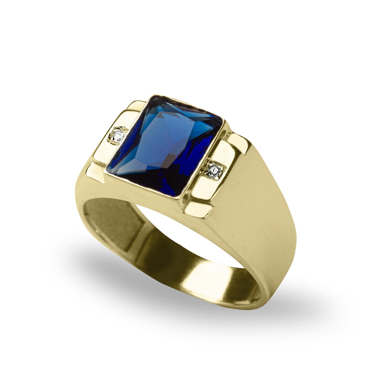 Blake's 10K Solid Yellow Gold Ring for Men with Baguette-Shape Blue Sapphire and 2 Diamond Accents, Men Fine Jewelry for Dad Men Gifts for Him, Men’s Jewelry (Size 5-15)