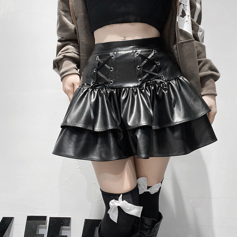 Dark Cross Lace Up Thin Leather Skirt Double Layer