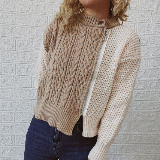 Round Neck Oblique Zipper Twist Color Contrast Patchwork Knitted Cardigan Sweater Coat