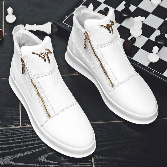 Wedding Photography White Leather Boots Personality Metal Men's Shoes Double Zipper Fashion Brand Sports Casual Borad Shoes