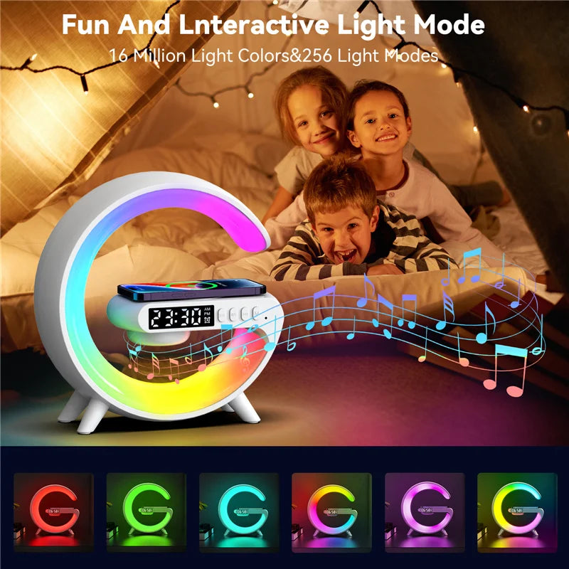 Wireless Charger Pad Stand Speaker TF Card RGB Night Light Lamp Alarm Clock Fast Charging Station Dock for Iphone Samsung Xiaomi