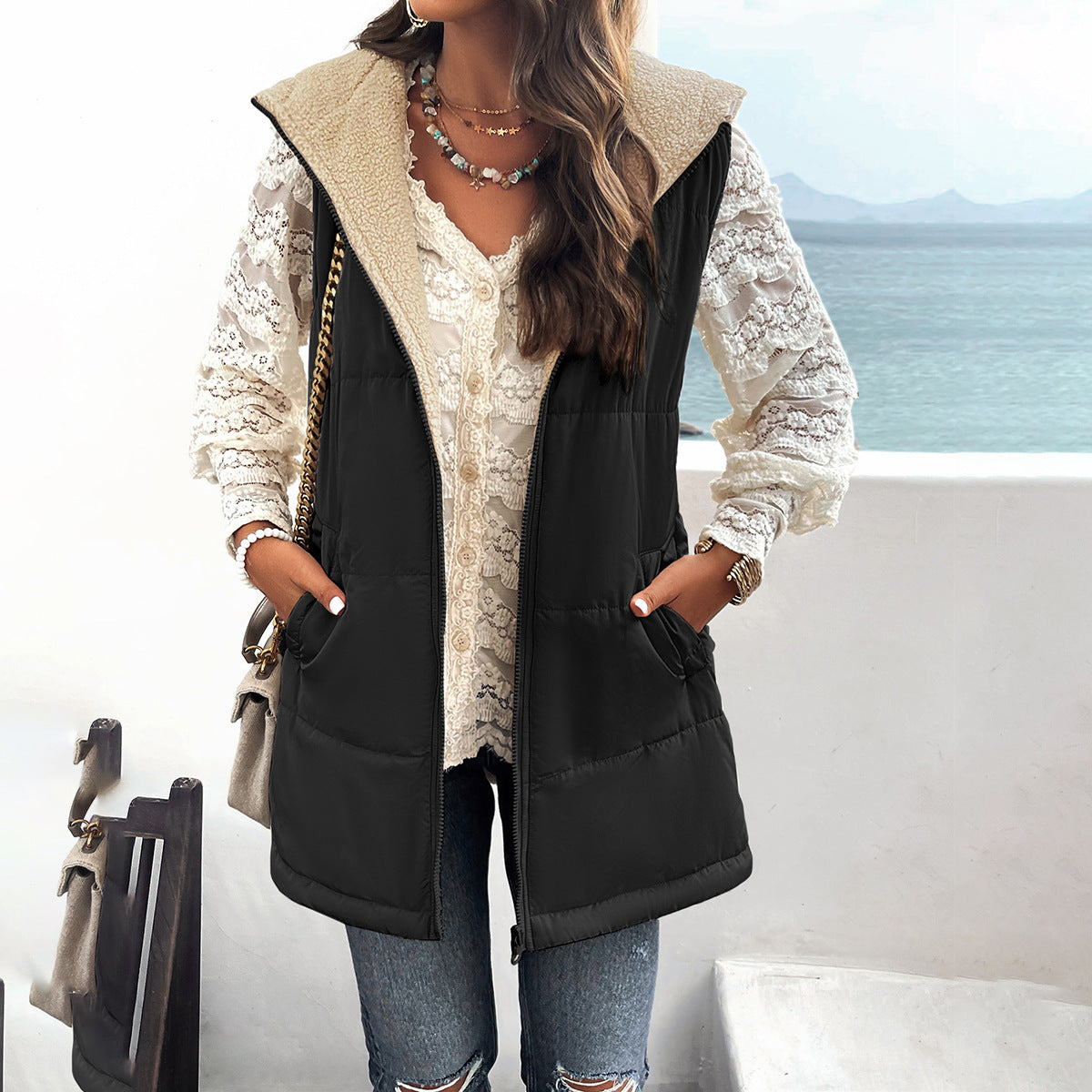 Winterweste Damen Lockere Pendeljacke Mittellange Kapuzenjacke Aus Baumwolle Mit Taschen Mode Warmer Reißverschluss Flauschiger Mantel Outdoor-Kleidung