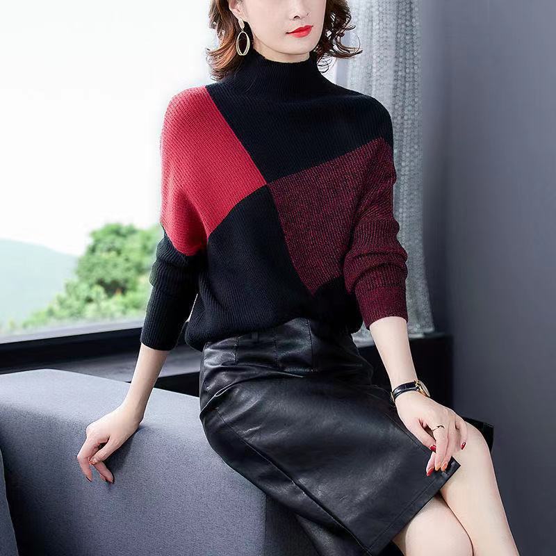 Women's Loose High Collar Color Matching Sweater