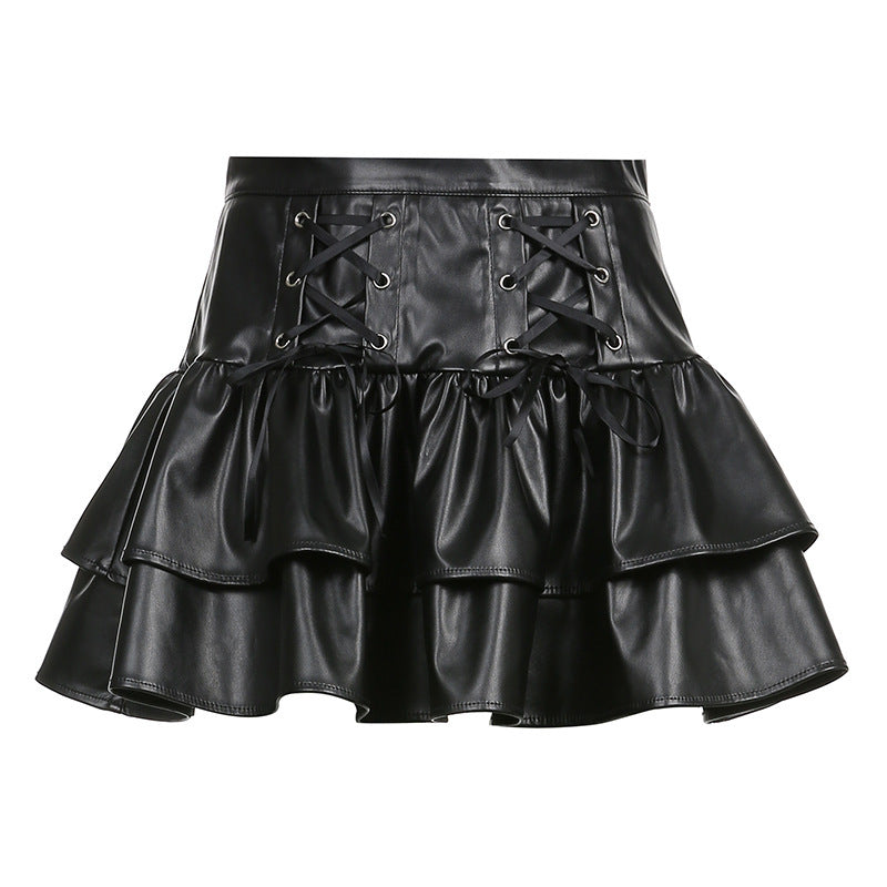 Dark Cross Lace Up Thin Leather Skirt Double Layer