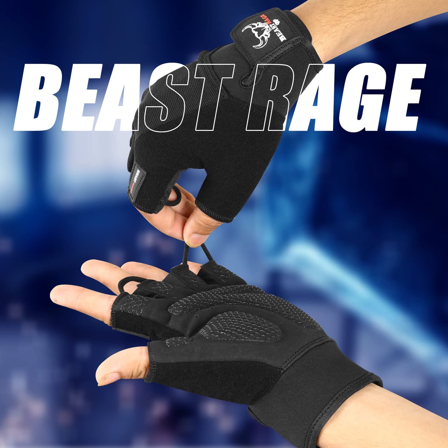 BEAST RAGE Fitness-Handschuhe für Training, rutschfeste,gepolsterte Handfläche,Halbfinger-Workout,Gewichtheben-Handschuhe, Radfahren, Crossfit,Krafttraining (Schwarz, L)