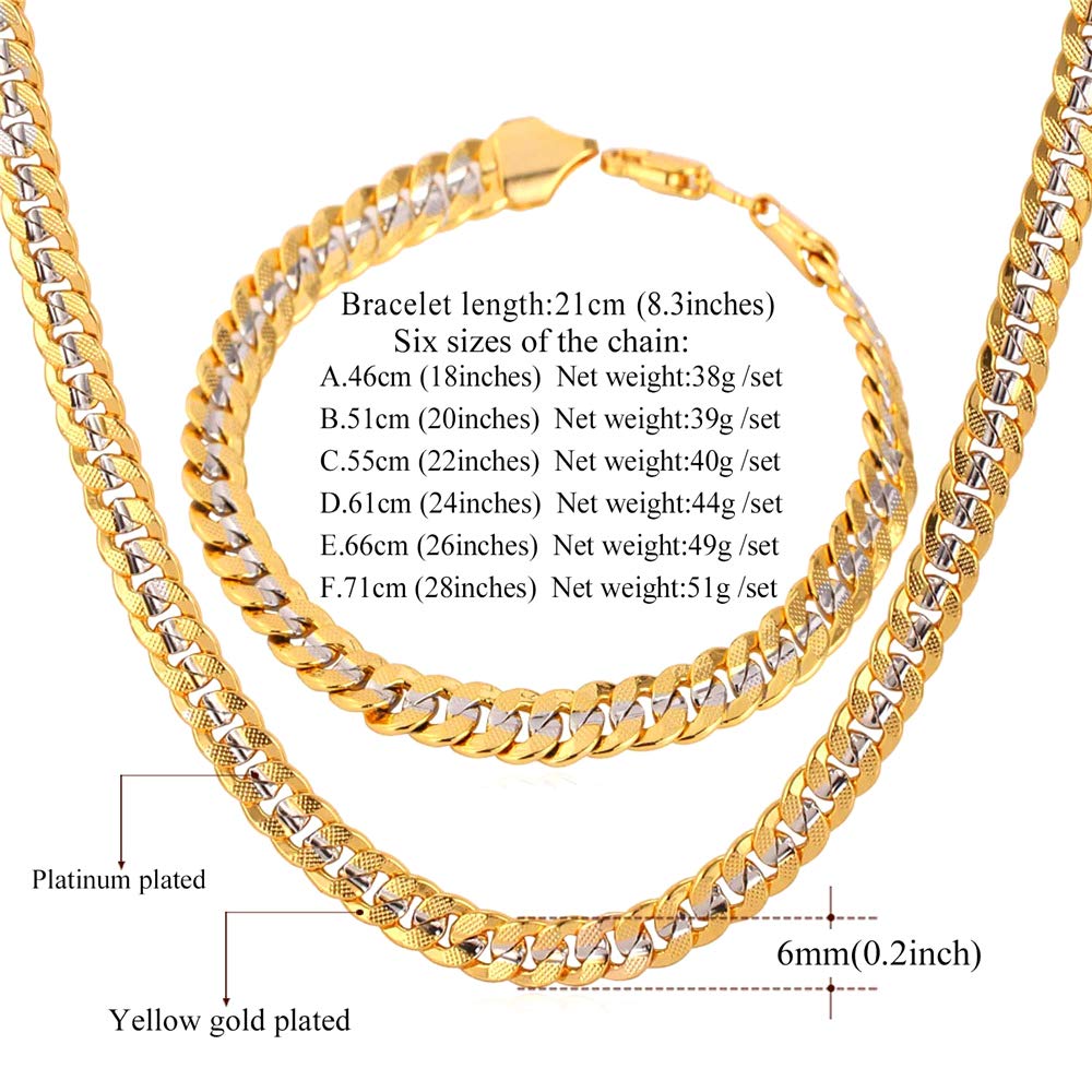 U7 Men Two-Tone Gold Chain Platinum & 18K Gold Plated Cuban Curb Chain Necklace Bracelet Set (18"/8.3")