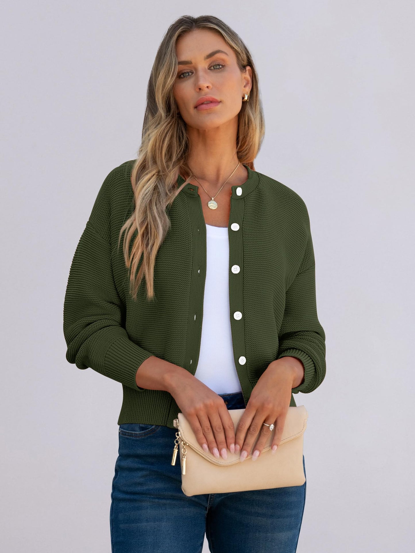 Caracilia Cropped Cardigan Sweaters for Women Long Sleeve Open Front Knit Cardigan Casual Button Down Tweed Jackets 2024 Fall Army Green X-Large