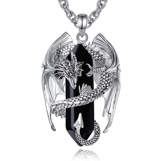 INFUSEU Drachen Kette, Kristall Halskette Nordischer Drache Eingewickelt Zylinder Edelstein Schwarzer vintage Obsidian Anhänger Sechseckiger Heilkristall Gothic Geschenk für Männer Frauen