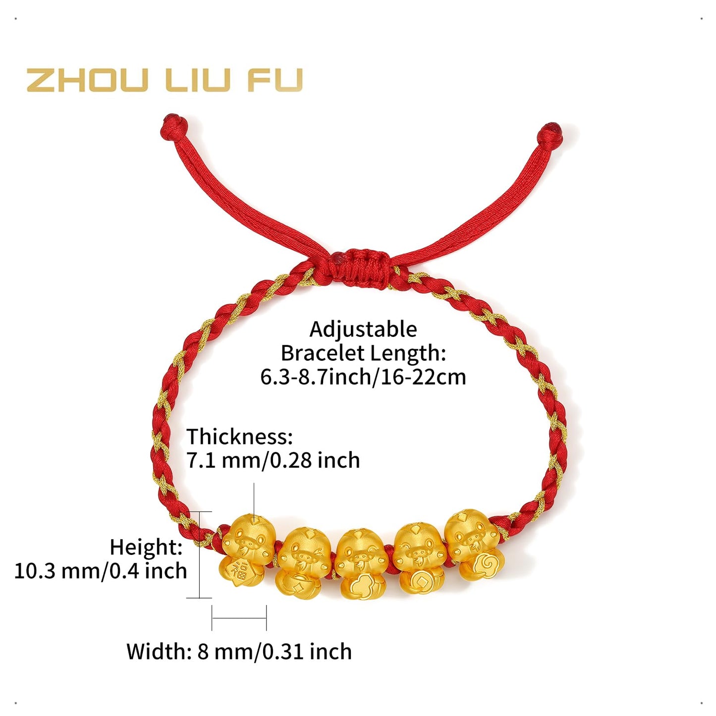 ZHOU LIU FU 24K Gold Armband Five Snake Gold Charm Red Bracelet Cute Animal Jewelry for Women Mom Daughter Birthday New Year 6.3-8.7"(16+6cm) A1713120