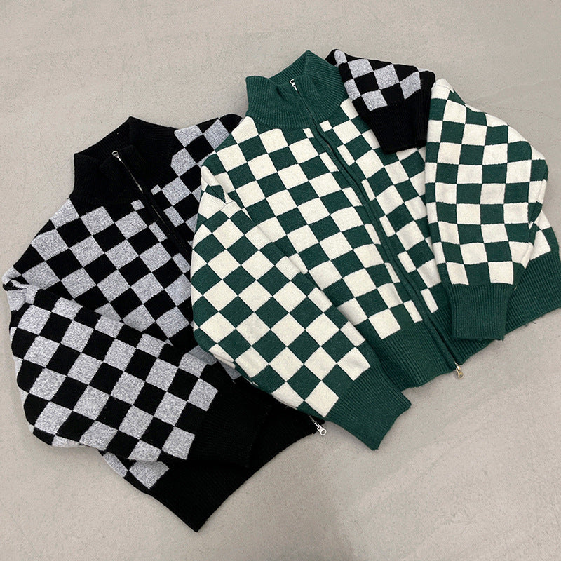 Checkerboard Pullover Herren Loose Trend Stehkragen