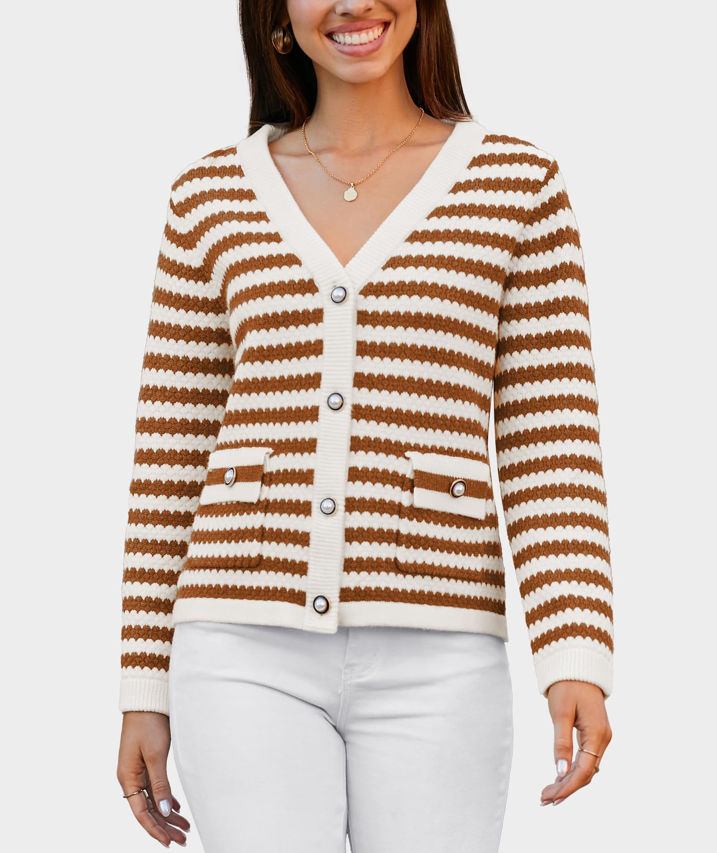 Casly Lamiit Women's Cardigan Sweaters 2024 Fashion Dressy Gold Buttons Lightweight Striped Cardigans Lounge Knit Outerwear Brown Apricot Stripe XL