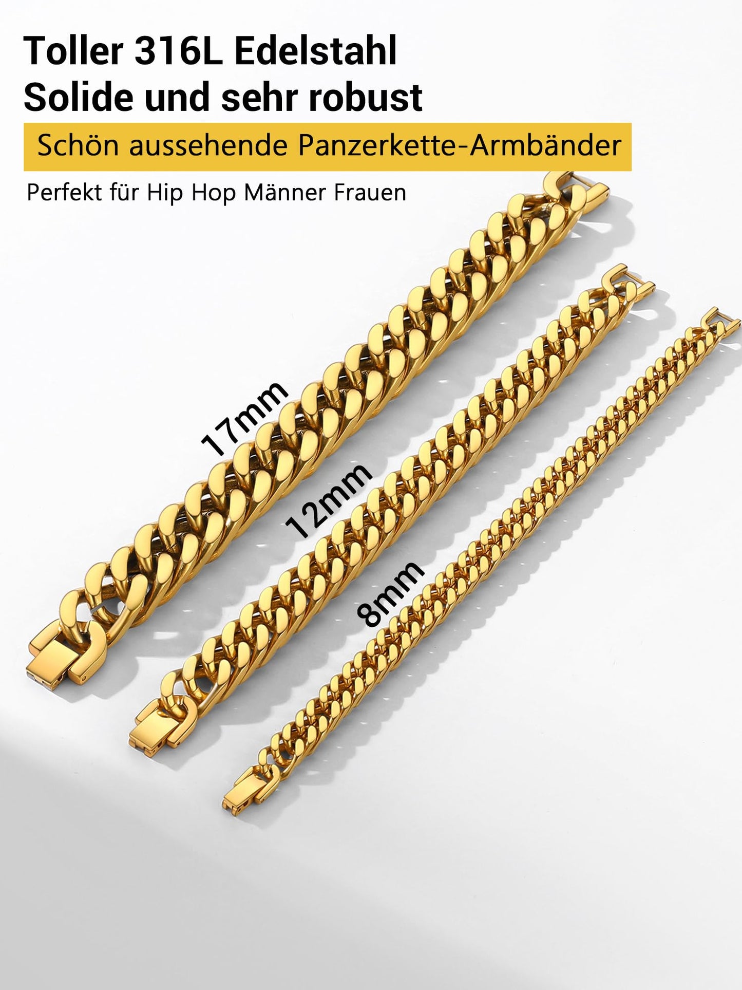 PROSTEEL 18k vergoldet Armband Herren 8mm breit Panzerkette Armband schwer Glieder Link Kettenarmband in 19CM goldenfarbene Armkette Armreif für Männer Jungen Weihnachten Jahrestag