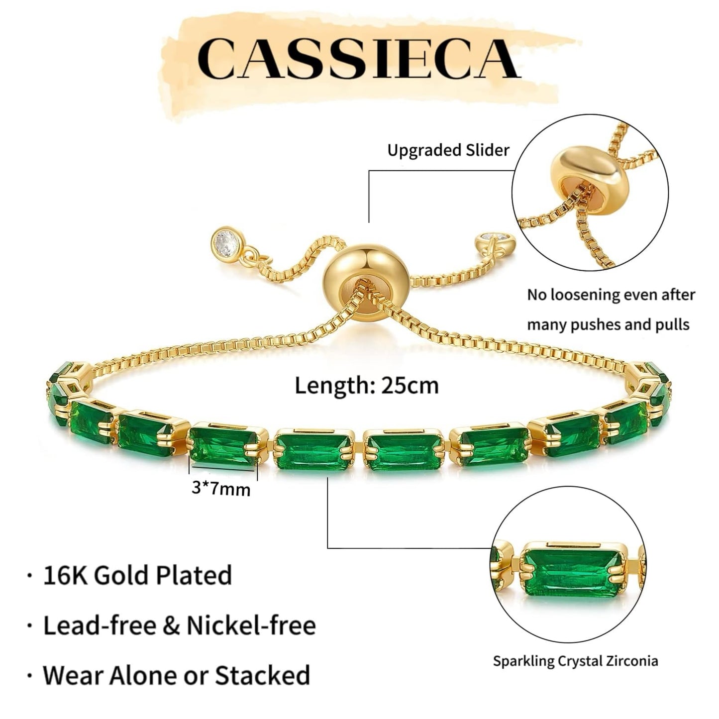 CASSIECA Armband Damen Gold Grün Zirkonia Kristall Tennis Armband für Frauen Geburtstags Muttertag Weihnachten Geschenk für Mama Freund Tochter Gold Schmuck Damen mit Box