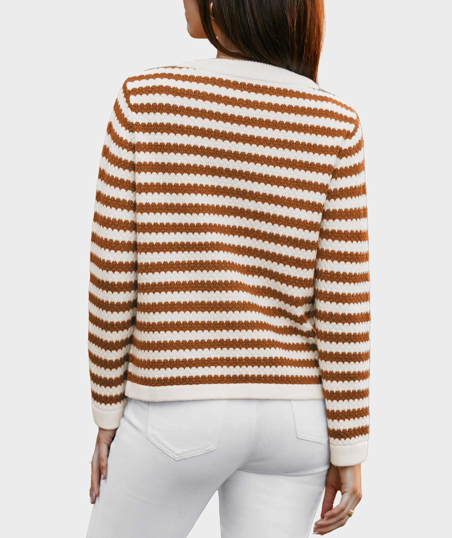 Casly Lamiit Women's Cardigan Sweaters 2024 Fashion Dressy Gold Buttons Lightweight Striped Cardigans Lounge Knit Outerwear Brown Apricot Stripe XL