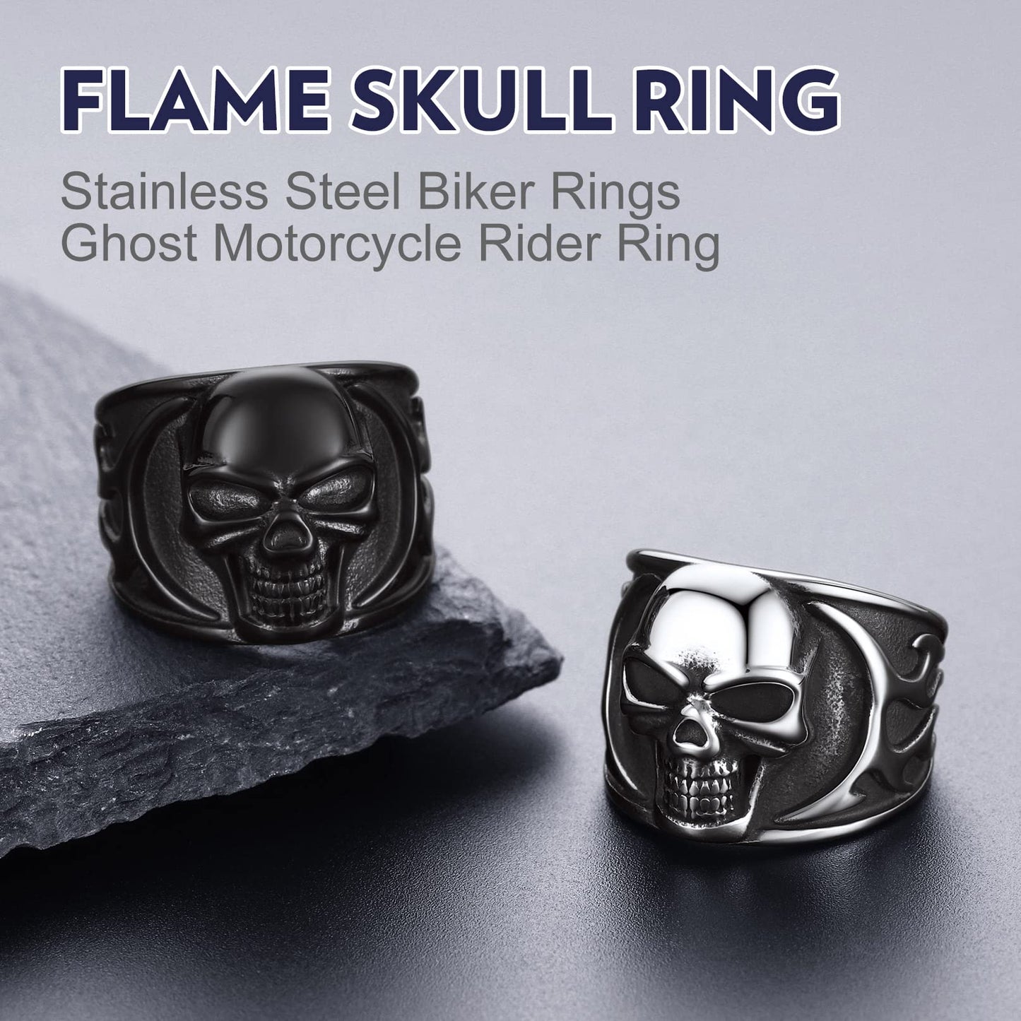 Bandmax Black Skull Ring for Men Size 12 Stainless Steel Chunky Biker Skull Rings Flame Skull Rings Blazing Skull Rider Ring Punk Jewelry