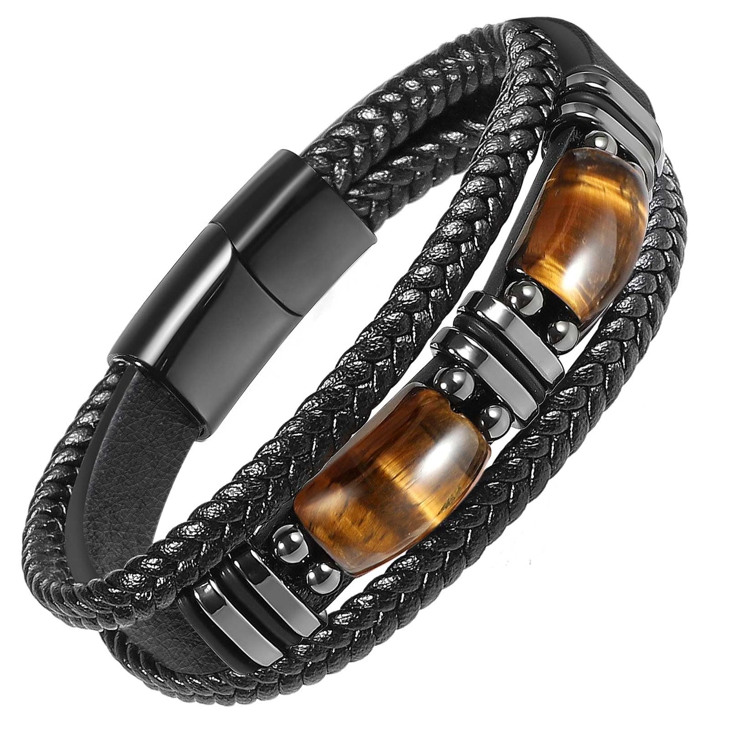 Enjoy Risingsun Tigerauge Schwarzes Lederarmband für Herren, natürlicher Tigerauge-Edelstein, Kristallstein-Schmuck, handgefertigt, Mut- und Stressabbau-Schutzarmband