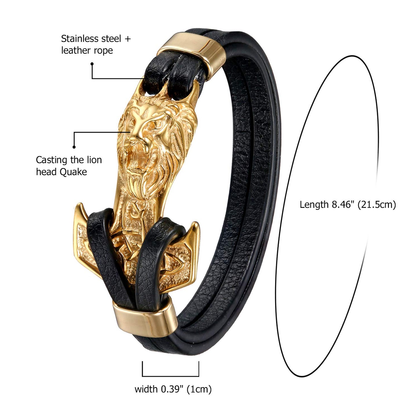 OIDEA Leder Armband Herren Thor Hammer Löwe Kopf Armreif für Herren Männer Jungen Unisex Gold Schwarz