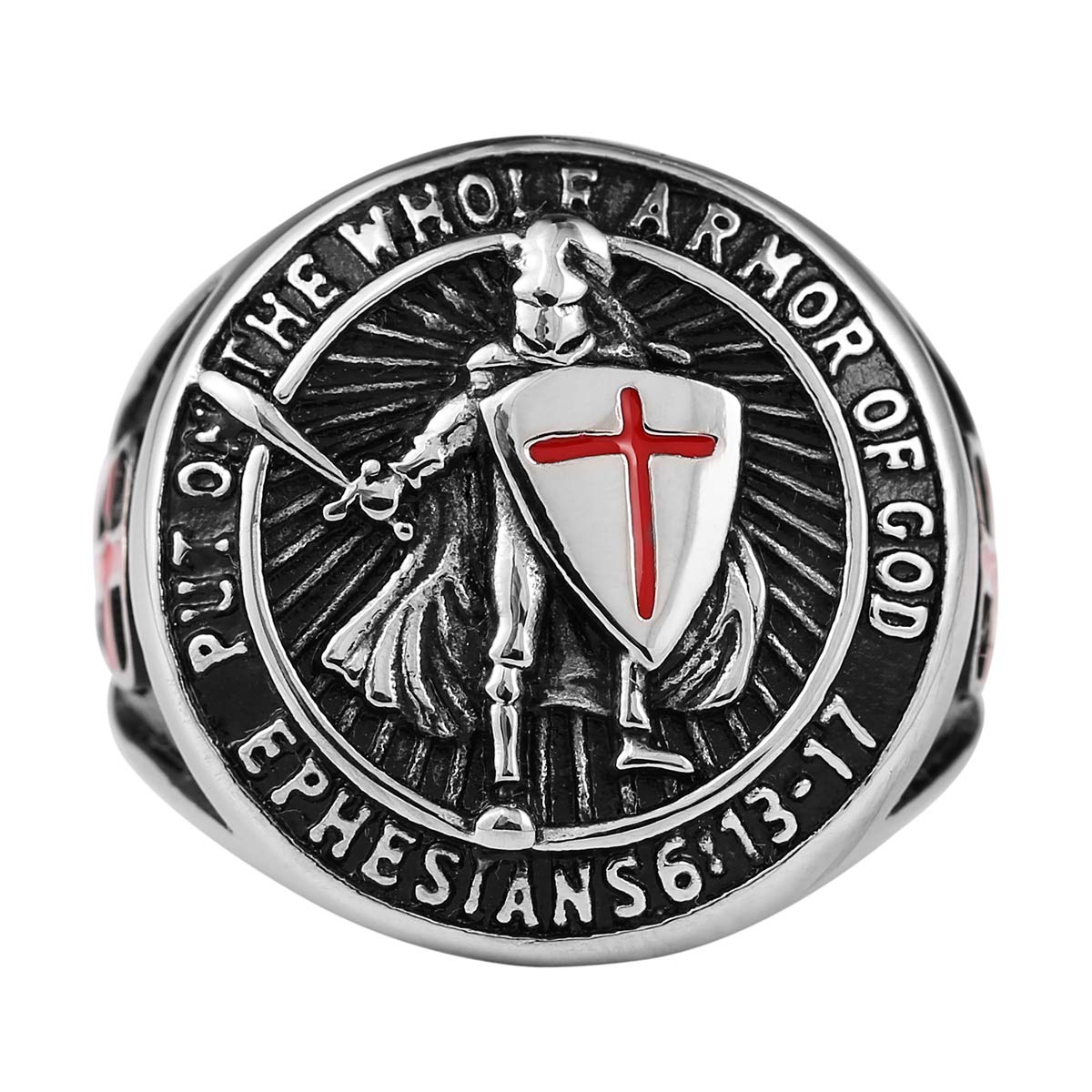 HZMAN Knights Templar Put On The Whole Armor of God Ephesians 6:13-21 Red Cross Design Men's Stainless Steel Ring