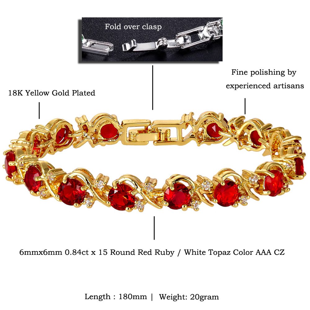 RIVA Blume Tennis Armband [18cm/7inch] mit Rundschliff Edelstein Zirkonia CZ [Rot Rubin] in 18K Gelbgold Vergoldet, Einfache Moderne Eleganz