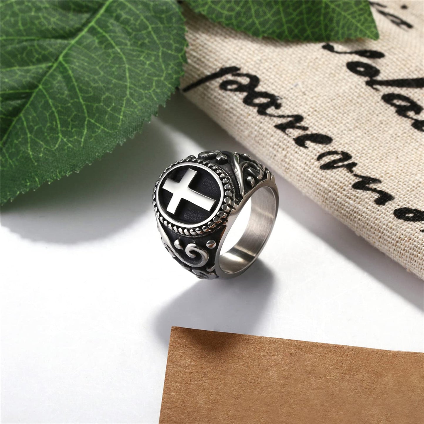 NMQLX Men's Ring, Vintage Cross Ring, Stainless Steel Punk Ring