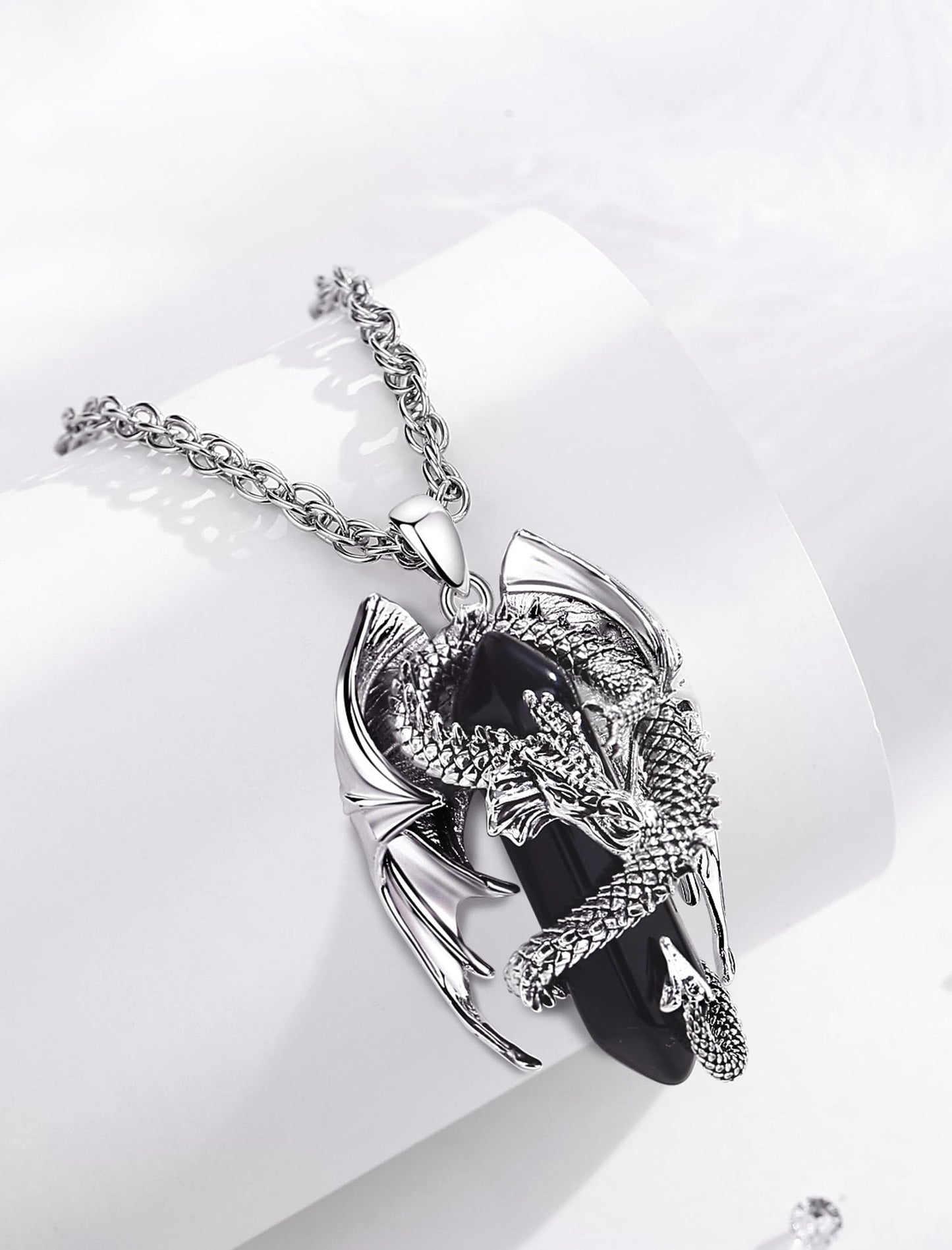 INFUSEU Drachen Kette, Kristall Halskette Nordischer Drache Eingewickelt Zylinder Edelstein Schwarzer vintage Obsidian Anhänger Sechseckiger Heilkristall Gothic Geschenk für Männer Frauen