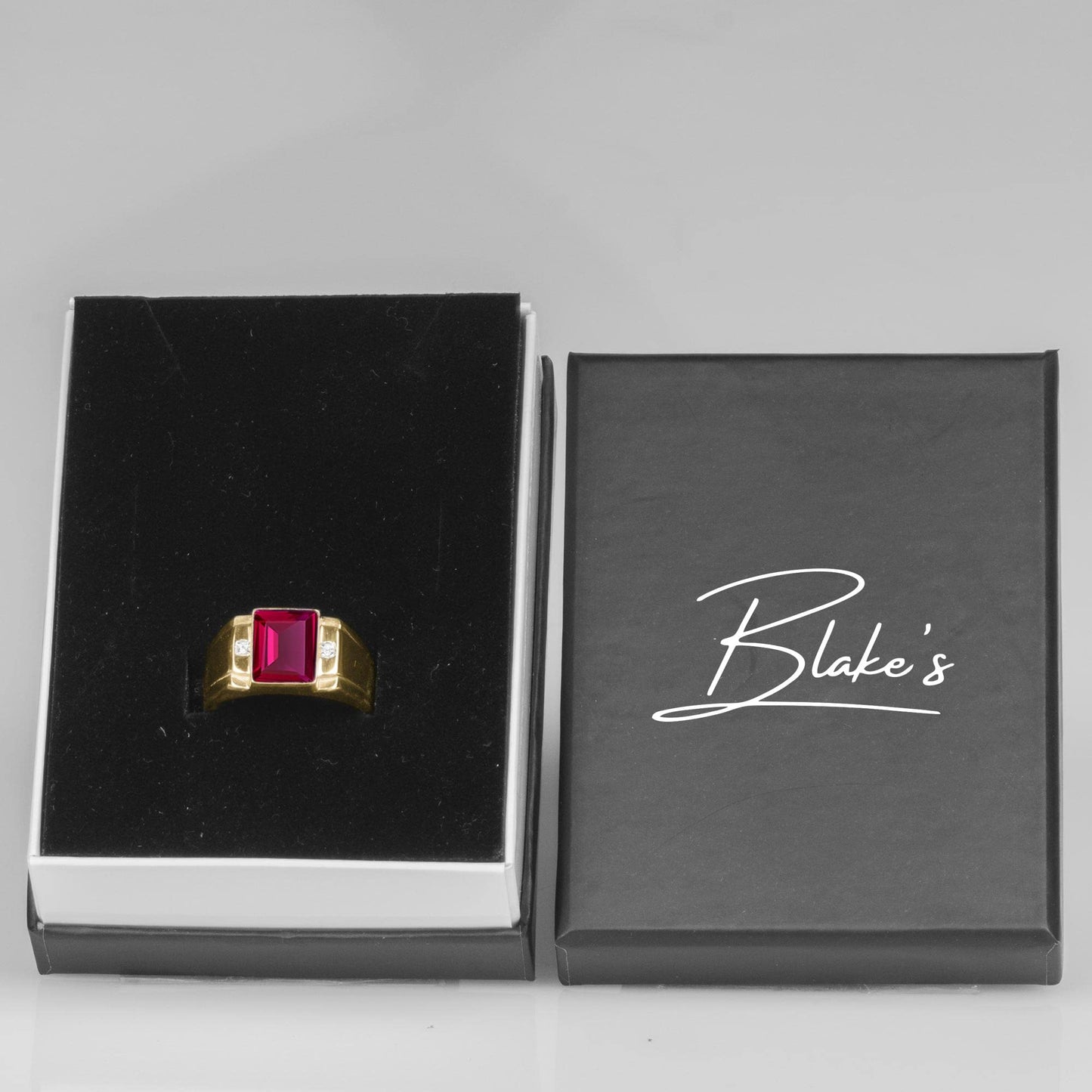 Blake's 14K Solid Yellow Gold Ring for Men with Baguette-Shape Red Ruby and 2 Diamond Accents, Men Fine Jewelry for Dad Men Gifts for Him, Men’s Jewelry (Size 5-15)