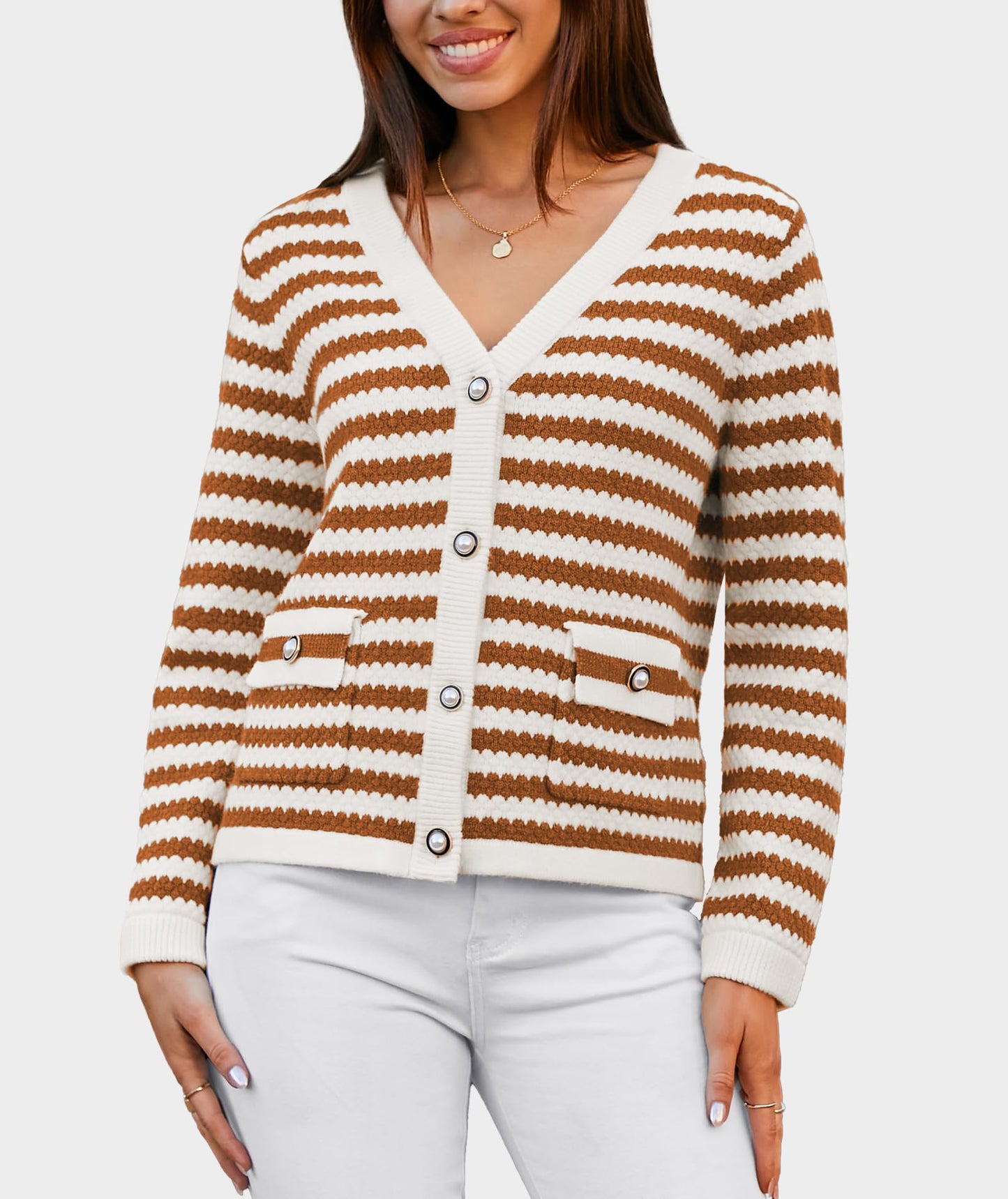 Casly Lamiit Women's Cardigan Sweaters 2024 Fashion Dressy Gold Buttons Lightweight Striped Cardigans Lounge Knit Outerwear Brown Apricot Stripe XL