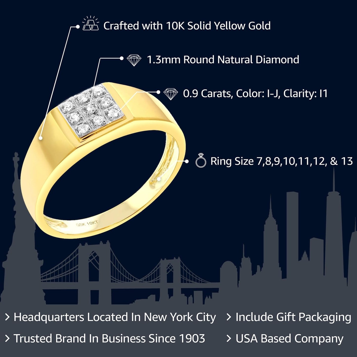 Gem Stone King Men's Solid 10k Yellow Gold Natural White Diamond Wedding Anniversary Ring (Available In Size 7,8,9,10,11,12,13)