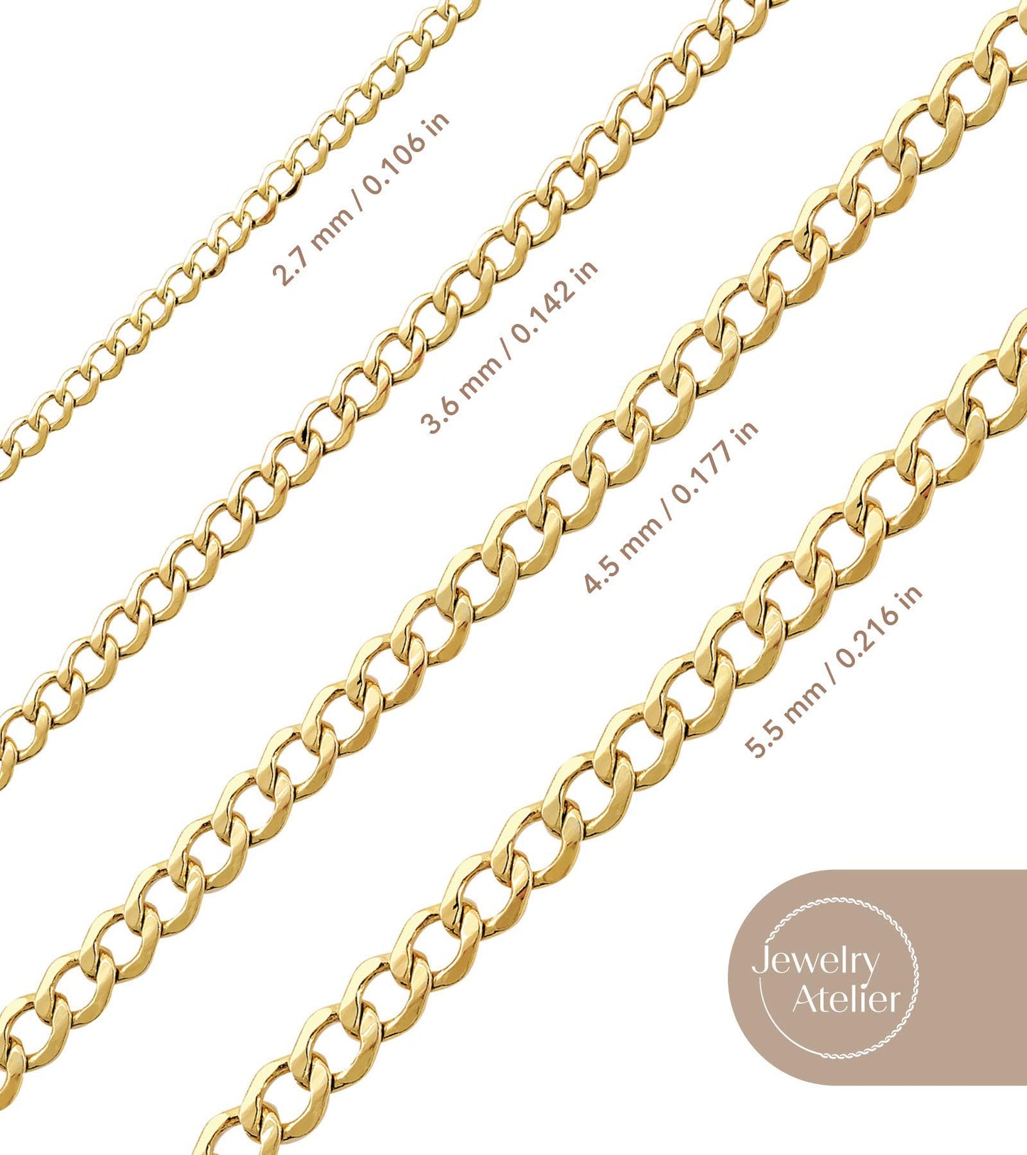 Jewelry Atelier Gold Chain Necklace Collection - 14K Solid Yellow Gold Filled Miami Cuban Curb Link Chain Necklaces for Women and Men with Different Sizes (2.7mm, 3.6mm, 4.5mm, or 5.5mm)