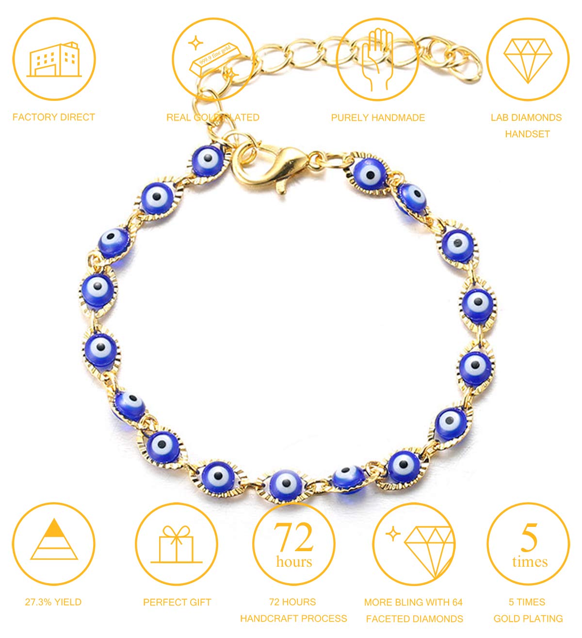 Halukakah Böser Blick Armband für Frauen Männer, 24 Karat Echtes Gelbgold Elastisch Handgemacht Schutz Mal de Ojo Schmuck Mehrere Saphir Blaue Augen Armband mit KOSTENLOSER Geschenkbox