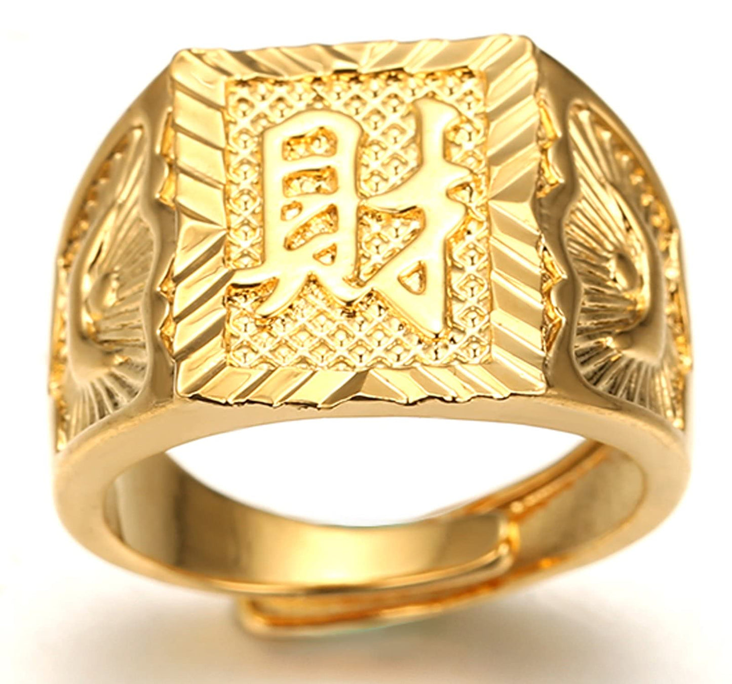 Halukakah Mens Gold Ring 3PCs Set,18K Real Gold Filled Kanji Rich/Luck/Wealth Size Adjustable,Gift for Men