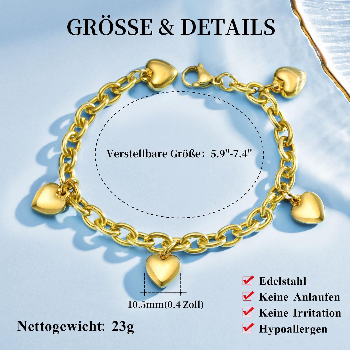 Gold Herz Armband Damen Edelstahl - Gold Armbänder Freundschaftsarmband Armkette mit Herz Anhängern für Sie,Valentinstag Geburtstag Weihnachten Geschenke Schmuck für Frauen Mädchen Freundin 19cm