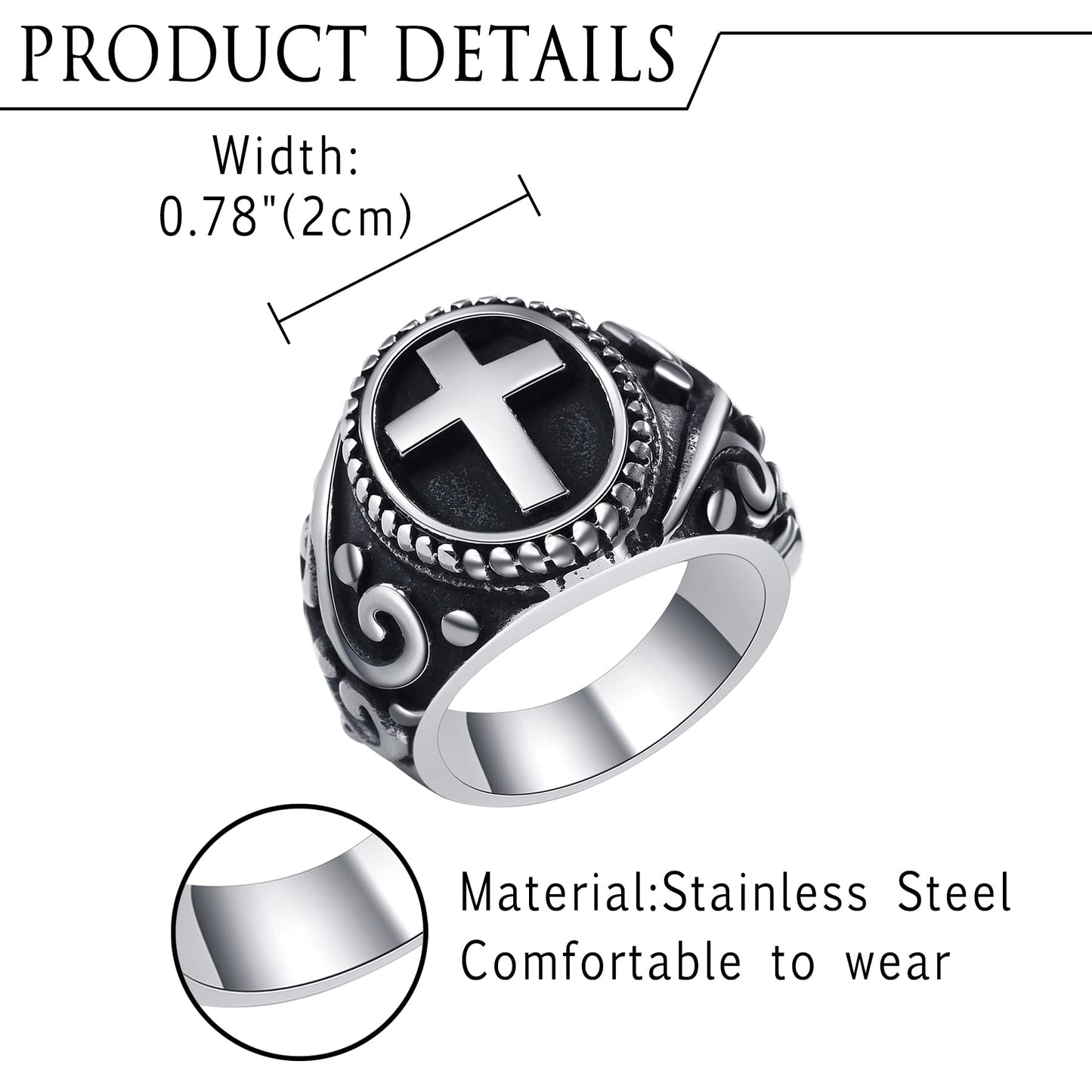 NMQLX Men's Ring, Vintage Cross Ring, Stainless Steel Punk Ring