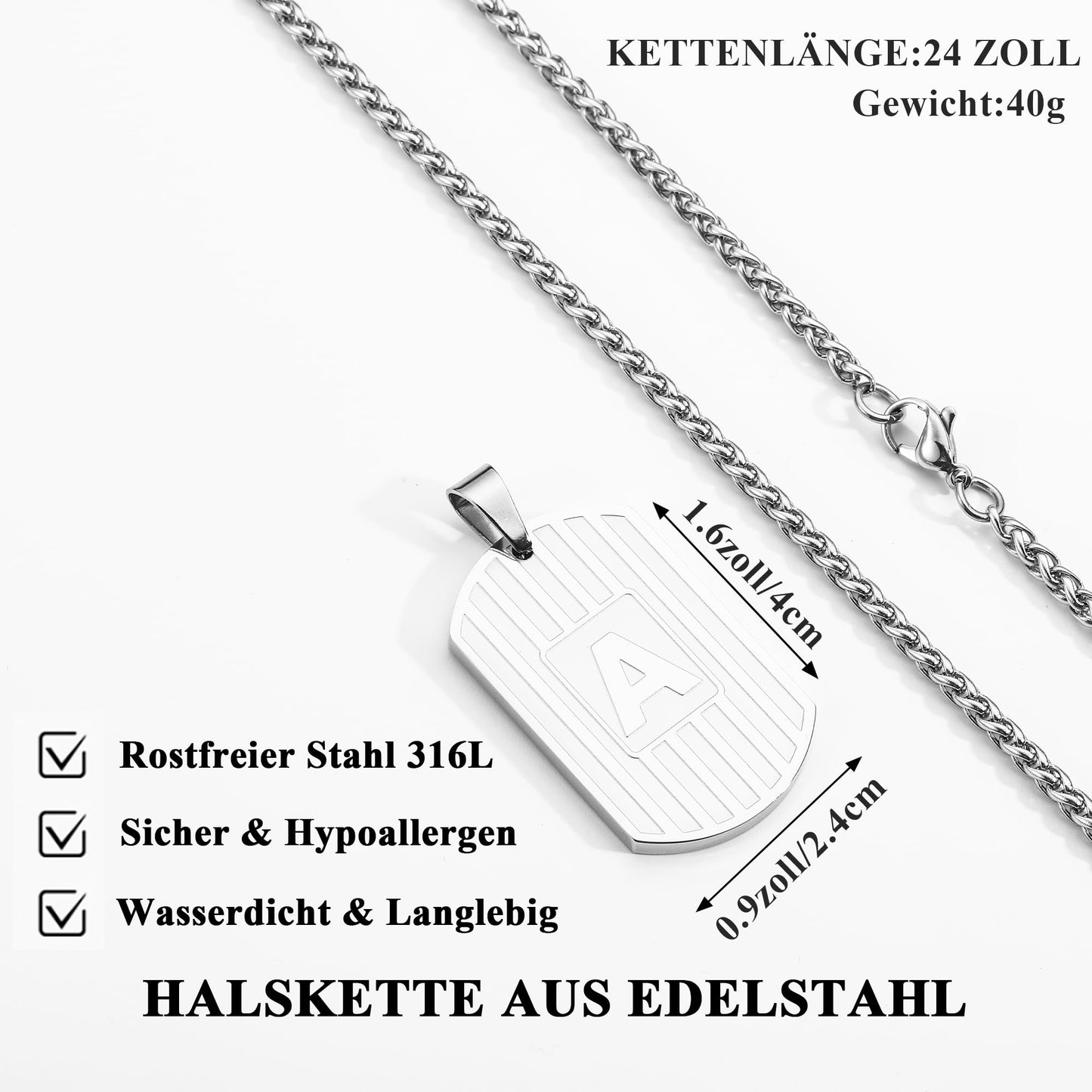 Rajputana Initial Halskette für Männer Brief Silber Hundemarke Kette Halskette Anhänger Halskette für Herren Edelstahl Kette für Herren 24 Zoll, Initial A