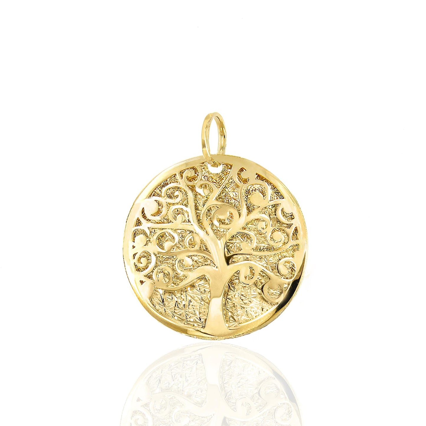 Lucchetta - Baum des Lebens Anhänger in 14K Gelbgold mit Diamant-effekt Medaille, Durchmesser 17mm, Goldanhänger Damen Mädchen 585 Echtgold für Kette (bis zu 4 mm) - hergestellt in Italien