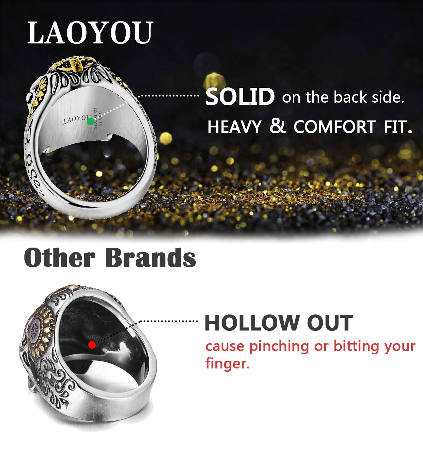 LAOYOU Sugar Skull Ring, Mens Stainless Steel Bikers Gothic Rings for Men, Promise Wedding Engagement Anniversary Couples Birthday Christmas Giving Gifts for Son Husband Halloween Present Size 14