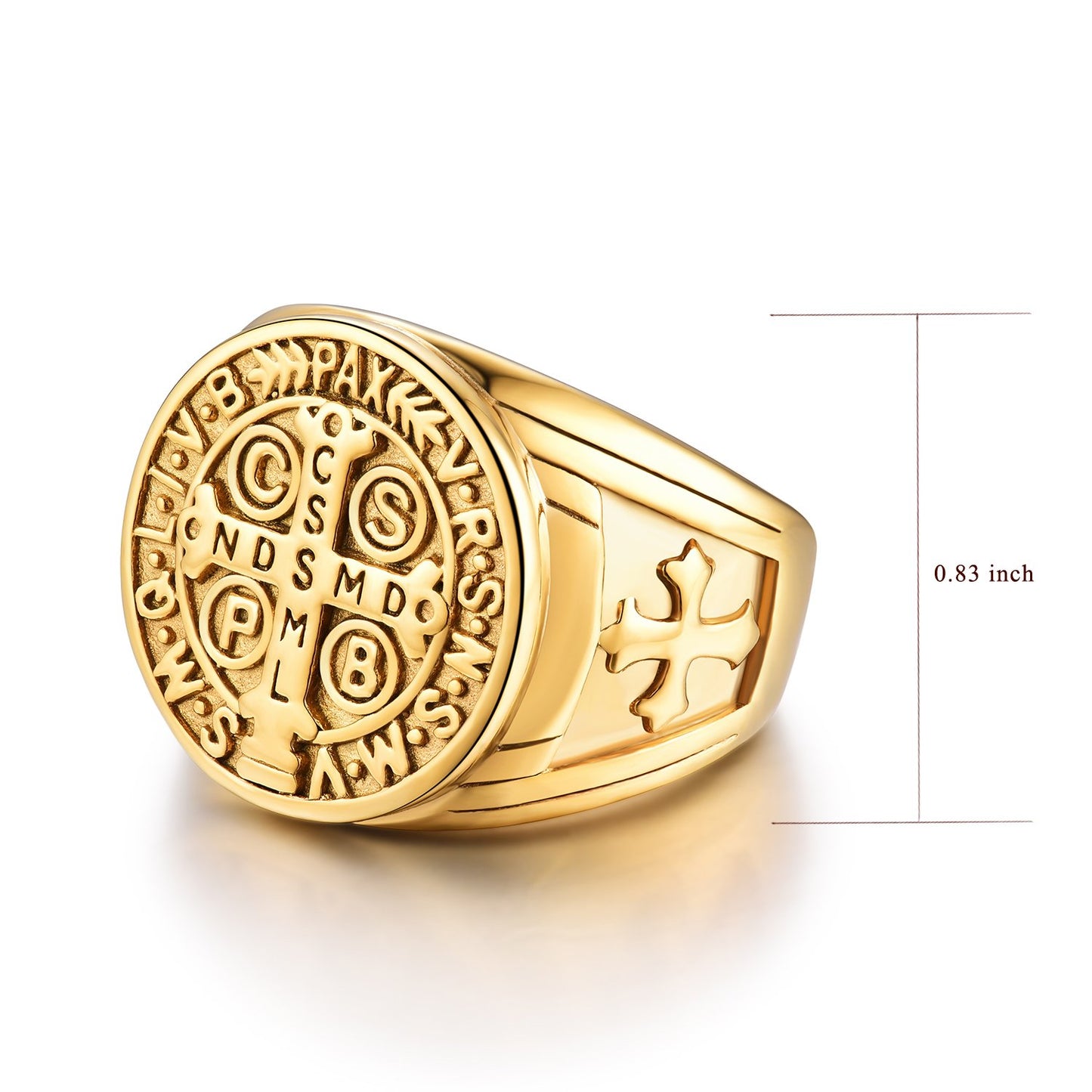 LAOYOU St Benedict Ring Men's Stainless Steel Christian Roman Rings Mens Catholic Saint Benedict Exorcism Ring Cross Demon Protection Ghost Hunter CSPB Men Dad Boyfriend Gold plated Christmas Size 13