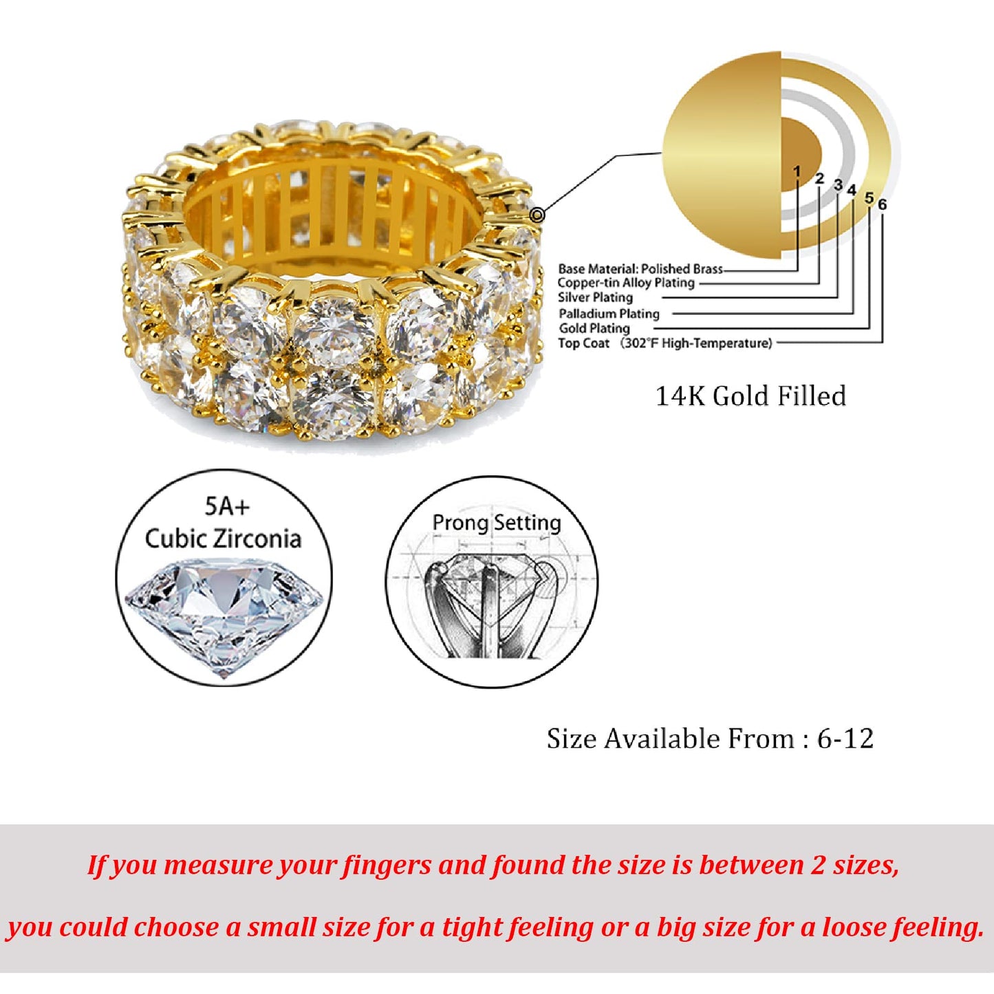 TOPGRILLZ Engagement Ring Men Gold Ring Cubic Zirconia Silver Ring Diamond Rings for Women 9mm Iced out 14K Gold Plated 2 Rows Round Cut Eternity Chunky Ring（Gold,7.5