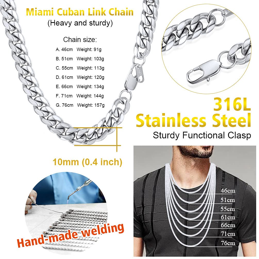 PROSTEEL Herren Panzerkette 51cm Halskette Edelstahl 10mm breit massiv Schwer Kubanische Gliederkette silber Hip-Hop Street Style Schmuck für Männer Jungen