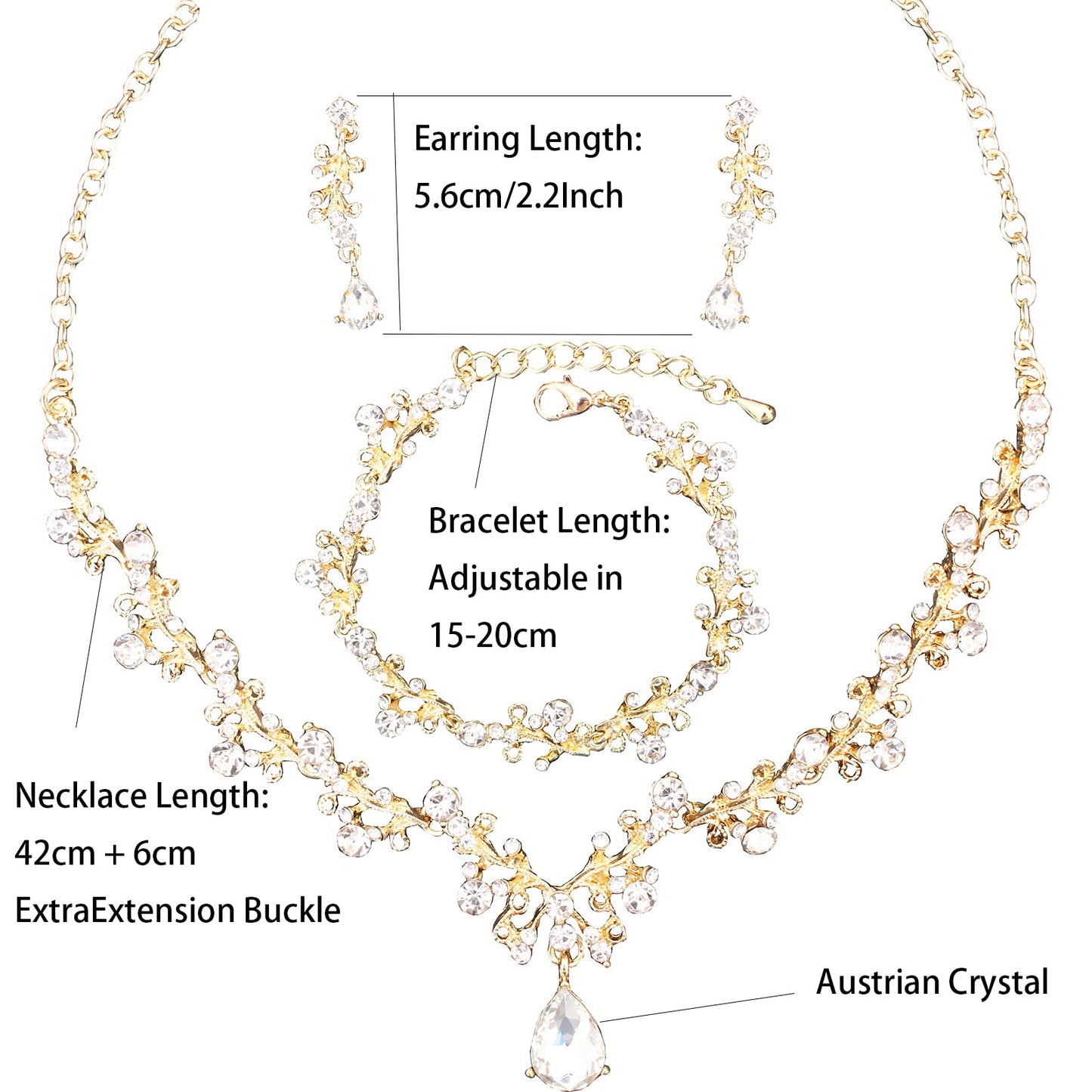 SFE 3Pcs Austrian Crystal Jewelry Set for Women, Necklace Dangle Earrings Link Bracelet with Gold/Platinum/Gun Plated, Wedding Party Bridal Bridesmaid (White-Gold Plated)