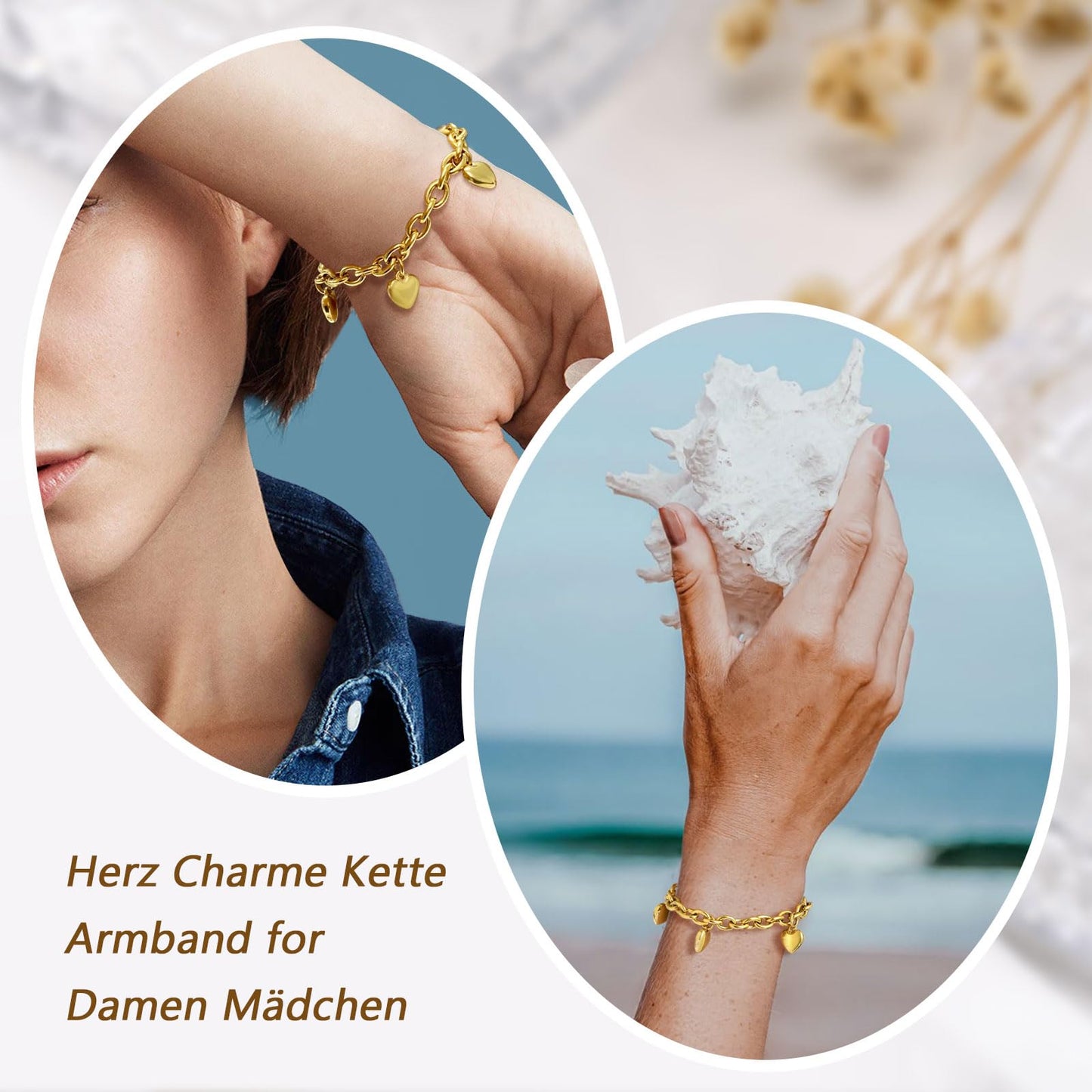 Gold Herz Armband Damen Edelstahl - Gold Armbänder Freundschaftsarmband Armkette mit Herz Anhängern für Sie,Valentinstag Geburtstag Weihnachten Geschenke Schmuck für Frauen Mädchen Freundin 19cm