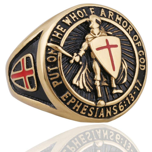 KOVEVE Put On The Whole Armor Of God Prayer Mens Cool Jewelry Ring Knights Templar, Gold